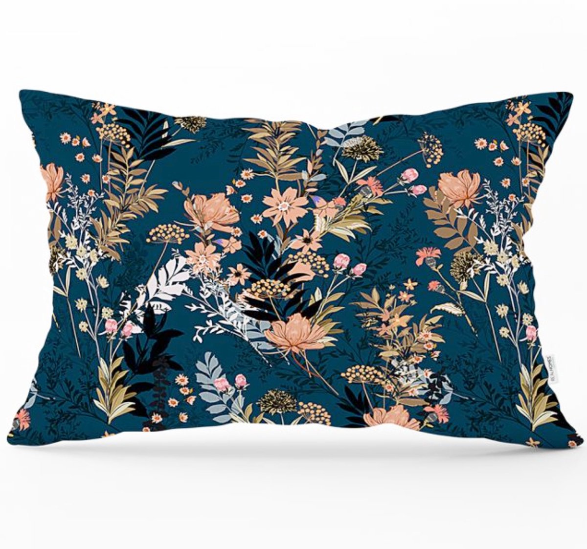 De Groen Home BLOEM Sierkussen velvet 30x50 cm - Bloemen op donkerbaluw - Inclusief binnenkussen - Fluweel Donkerblauw