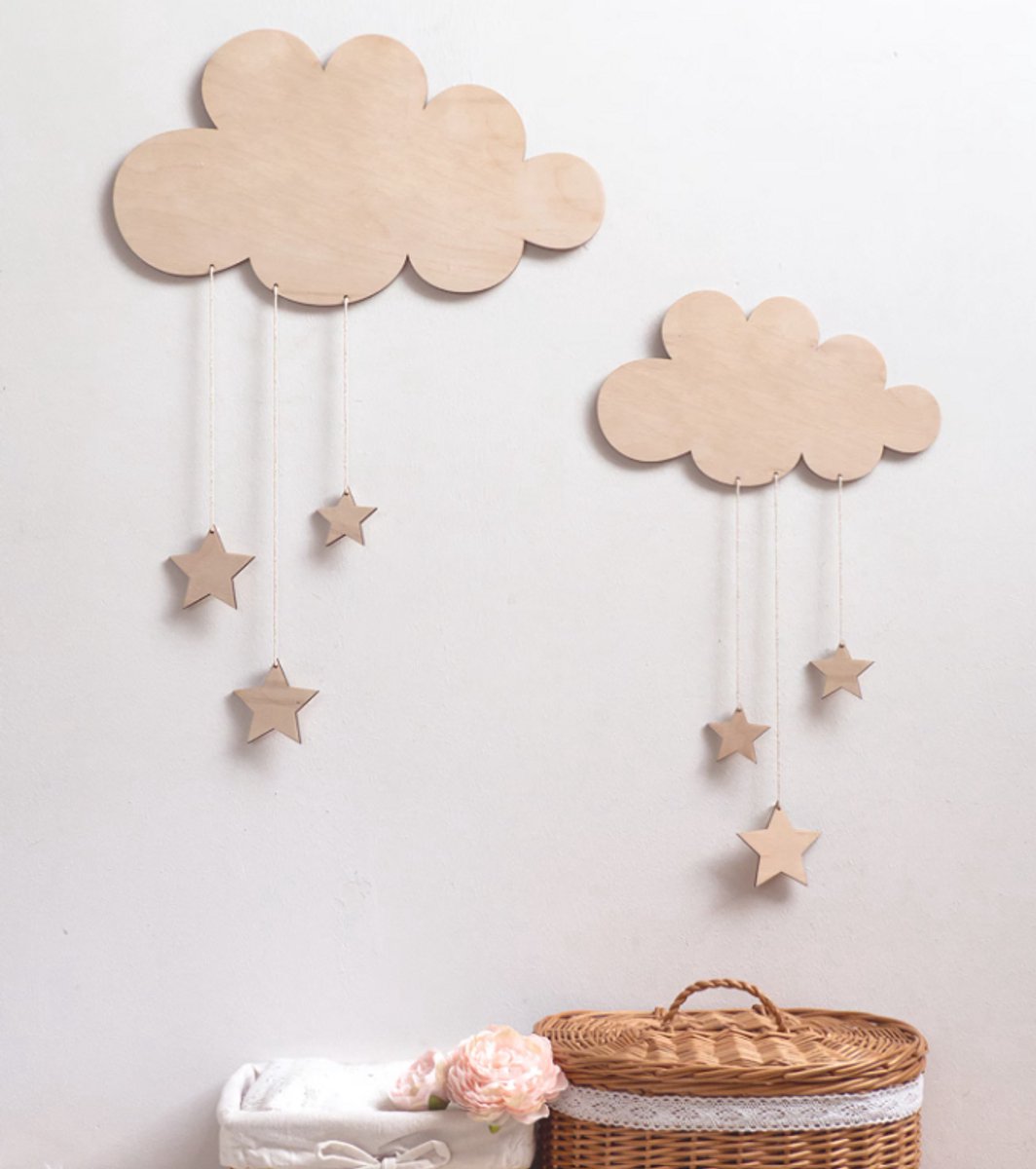 Houten wolken met sterren, kinderkamerdecoratie, wolk wanddecoratie, muurdecoratie kinderkamer, babykamerdecoratie