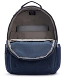 Sac à dos Kipling bleu foncé, ouvert, avec compartiment pour ordinateur portable et poche avant bleue.