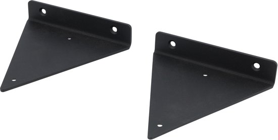 Deux supports d'étagère triangulaires noir mat, chacun avec trois trous de vis.