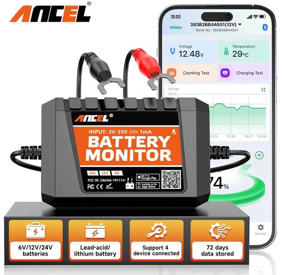 Bluetooth accu monitor 6V/12V/24V met start- en laadsysteemtest, realtime spanning, app en waarschuwingen