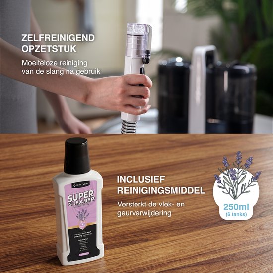 Zelfreinigend opzetstuk van de Swiftvein Vortex tapijtreiniger voor moeiteloze reiniging van de slang na gebruik. Inclusief reinigingsmiddel (250ml) voor vlekkenverwijdering.
