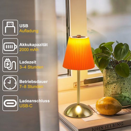 NETTLIFE Tafellamp LED 2 Stuks - Oranje-rood - Touch Dimbaar 3 Kleurtemperaturen - USB Oplaadbaar Draadloos - Voor Eetkamer Slaapkamer Woonkamer Hotel Buiten