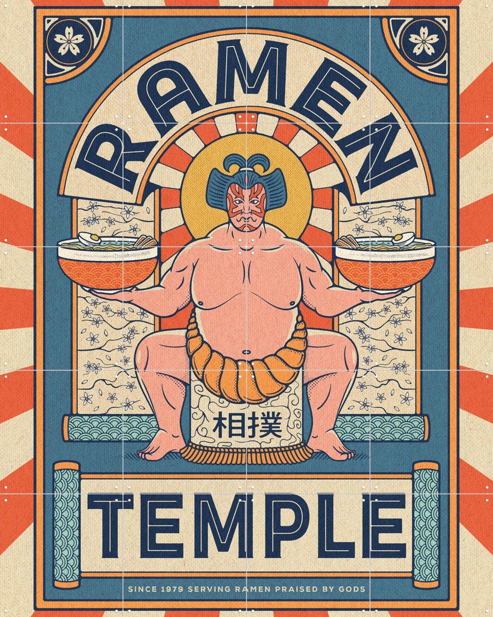 IXXI Ramen Temple Sumo, Ryan Ragnini - 80 x 100 cm - Gratis ophangtool - Grote wanddecoratie en posters - Pop art, Kleurrijk, Vintage, Illustraties
