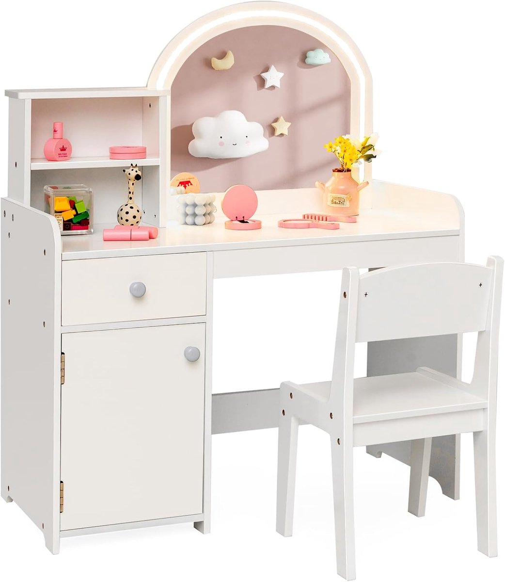 KOMFOTTEU 2-in-1 kaptafel voor kinderen, kaptafel en stoel met plank, lade en kast, prinses, kaptafel met spiegel en tweekleurige led-verlichting, voor kinderen vanaf 3 jaar