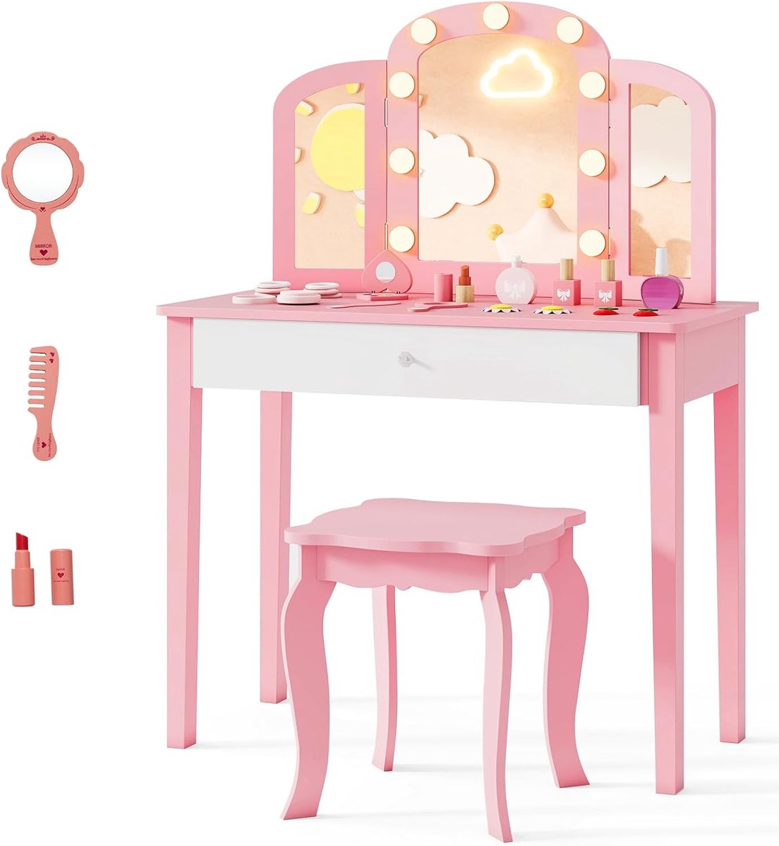 KOMFOTTEU Kindermeisjeskaptafel, 2-in-1 kinderbureau met opvouwbare LED-spiegel, drievoudige opberglade en kruk, make-uptafel voor prinsessen van 3 jaar en ouder (roze)