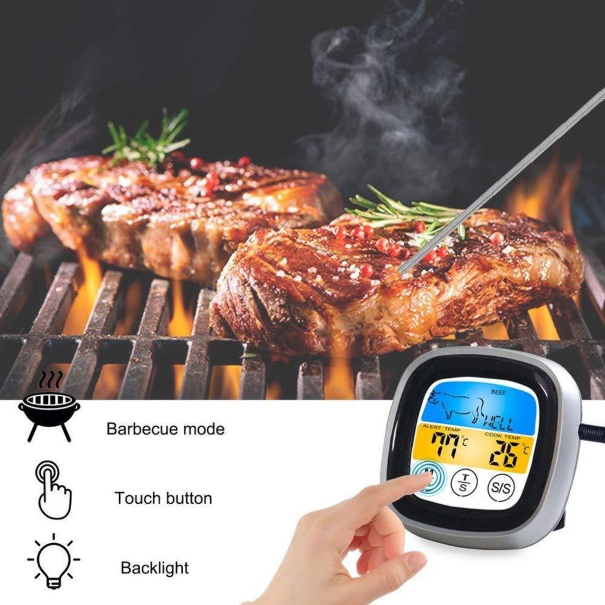 Digitale Vlees- & Oventhermometer met Lange Sonde - Groot LCD Touchscreen, Timer, Direct Afleesbaar, Ideaal voor Oven, BBQ, Bakken & Grillen — cadeau in Kookcadeaus - foto 3