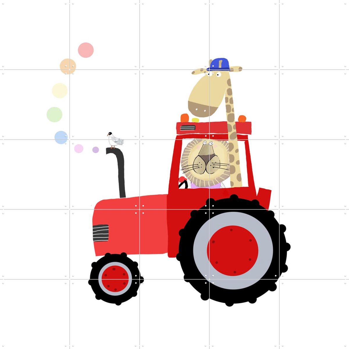IXXI Giraffe and Lion in Red Tractor with Rainbow Spots, Carla Daly - 100 x 100 cm - Gratis ophangtool - Grote wanddecoratie en posters - Cartoonesk
