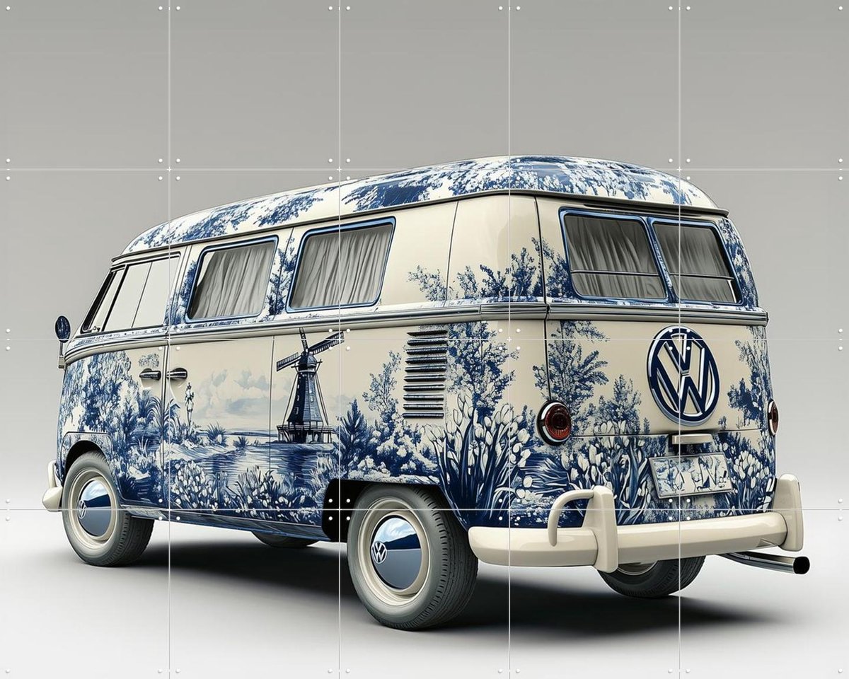 IXXI Delfts Blauwe VW Bus, Margriet Hulsker - 100 x 80 cm - Gratis ophangtool - Grote wanddecoratie en posters - Illustraties, Vintage, Studeerkamer