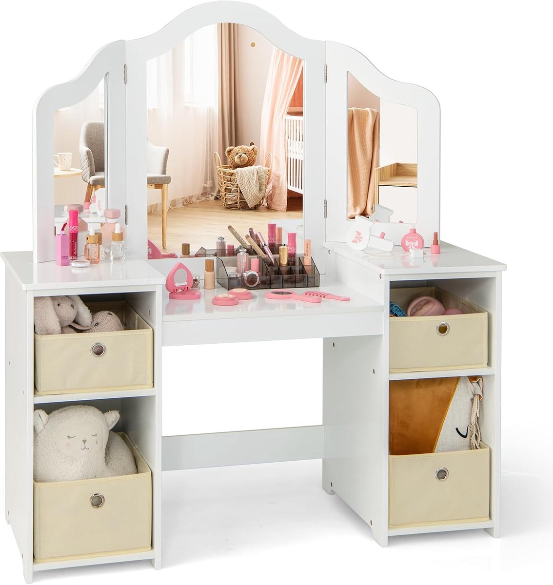 KOMFOTTEU Kaptafel voor kinderen, prinsessen-kaptafel met afneembare spiegel, houten make-uptafel, 3 jaar en ouder
