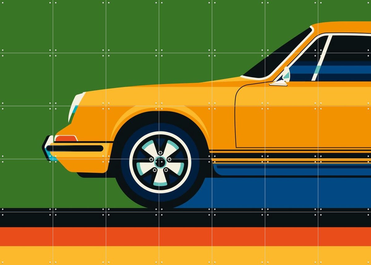 IXXI Orange Vintage Sports Car Front, Bo Lundberg - 140 x 100 cm - Gratis ophangtool - Grote wanddecoratie en posters - Digitale Kunst, Kleurrijk