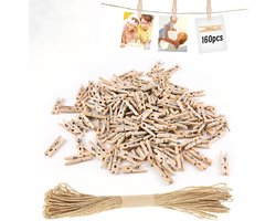 Memoklemmen met houten wasknijpers - 160 klemmen + 10 m jute touw - Afmeting klem: 2,5 x 0,3 cm - Diameter touw: 1,5 mm - Houten klemmen - Touw - Jute touw - Opbergklemmen - Fotoklemmen - Mini wasknijpers - Bruiloft wasknijpers - Geschikt voor DIY