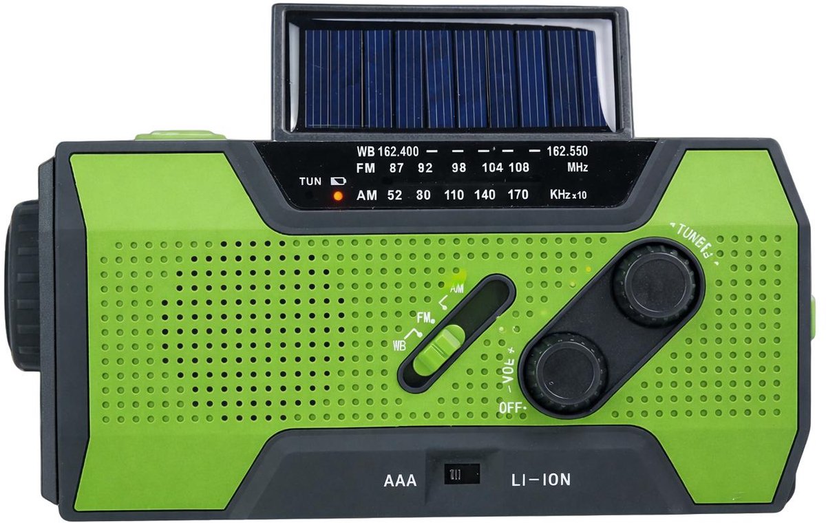 Noodradio 5000 mAh met Zonnepaneel & Dynamo – FM/AM/NOAA – Powerbank, Zaklamp & SOS Alarm
