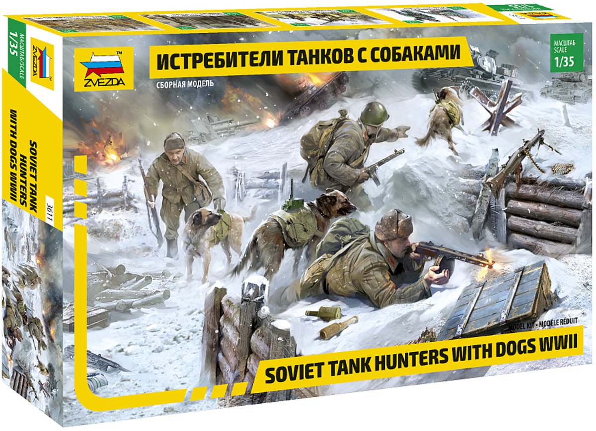 Zvezda Modelbouwpakket Militaire voertuigen - 3611 Sovjet Tankjagers met Honden WWII - 3 Figuren en 3 Honden Plastic - 1:35 - Modelbouw
