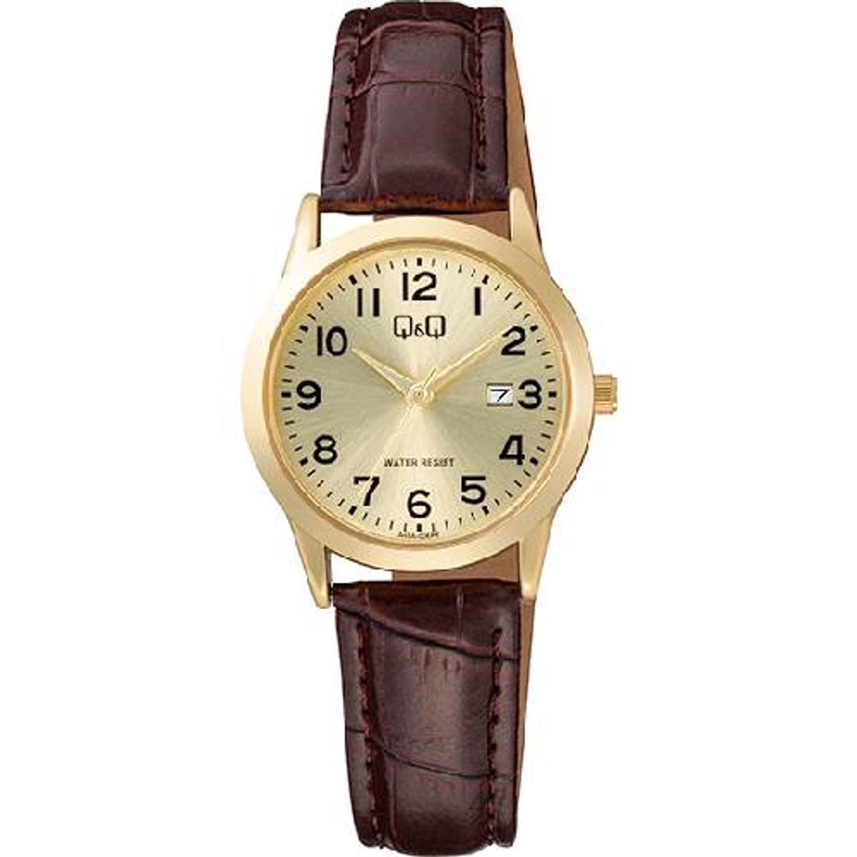QQ-dameshorloge-model a45a-006py-goudkleurig-datum-bruin leder-3 atm waterdicht-diameter 30 mm-duidelijke wijzerplaat