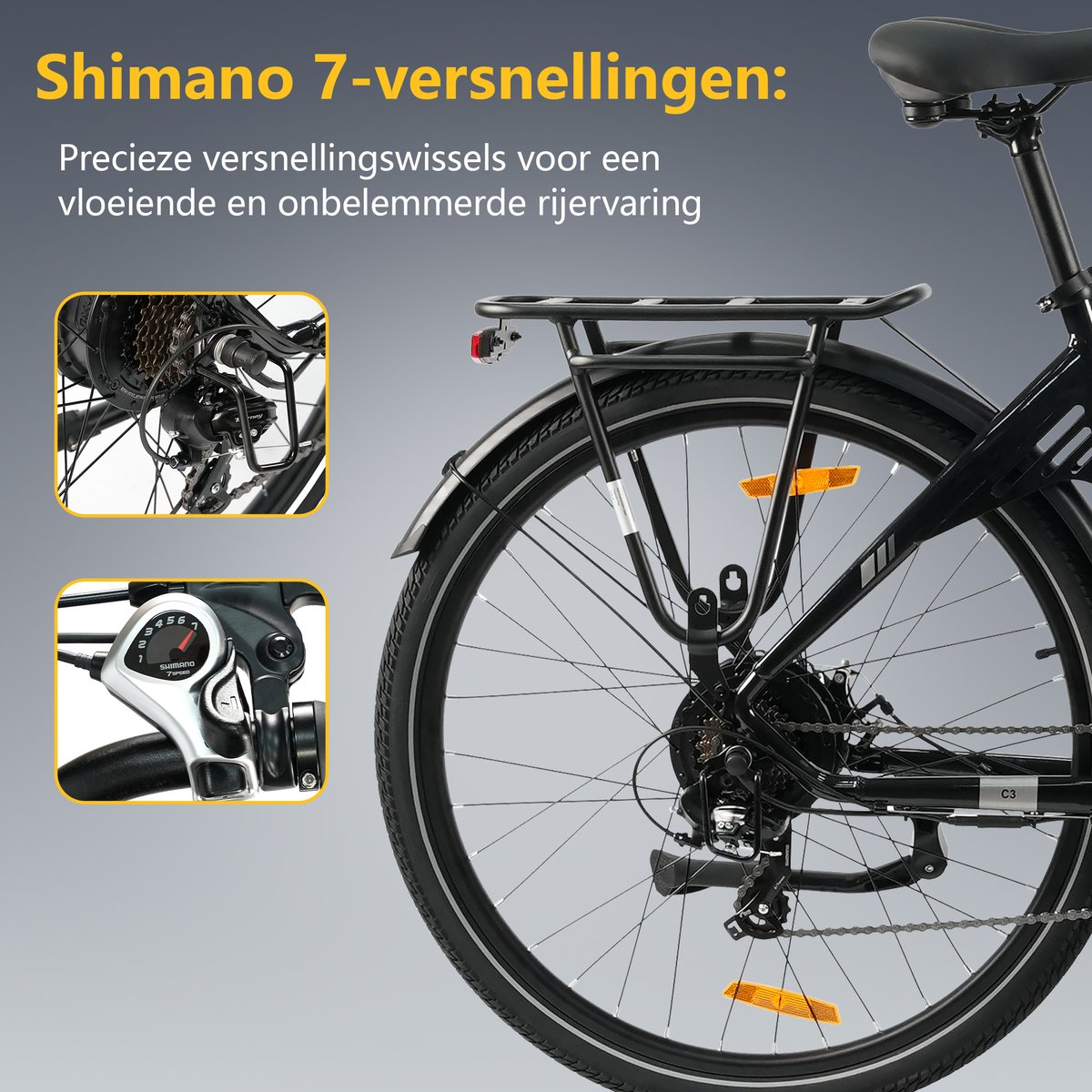TTGO Elektrische Fiets C3- 28 Inch E-Bike Stadsfiets - 18Ah Accu tot 120 km Bereik - Shimano 7 Speed- Aluminium Frame - Zwart – foto 4