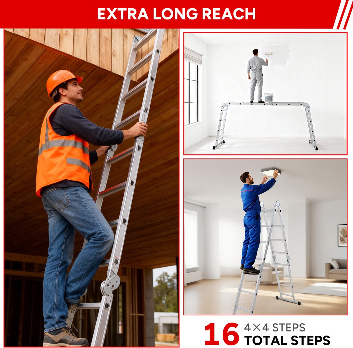 OUTIGO Multifunctionele ladder - 4,6 meter - 7 in 1 - opvouwbaar - aluminium - met 2 wielen - geschikt voor huishoudelijk gebruik - 16treden – foto 6
