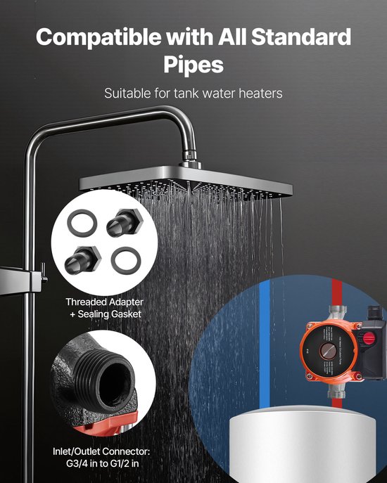 Warmwaterrecirculatiepomp, 38 l/min, instant circulatiesysteem met 3 snelheidsinstellingen, 100 W, AC 220-240 V, G3/4 naar G1/2 adapter, duurzame gietijzeren kop, geschikt voor boilersystemen van KolerFlo — afbeelding 4