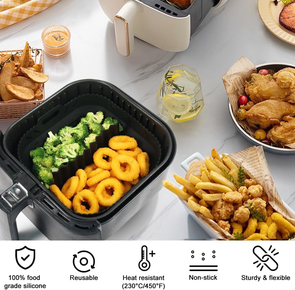 Luchtfriteuse Liner Siliconen met Verdeler, Vierkante Siliconen Luchtfriteuse Accessoires voor Ninja Speedi 5,7L / Cosori 5,5L/ Tefal/ Instant Vortex/ Philips Luchtfriteuse, 20,3 cm thumbnail 5