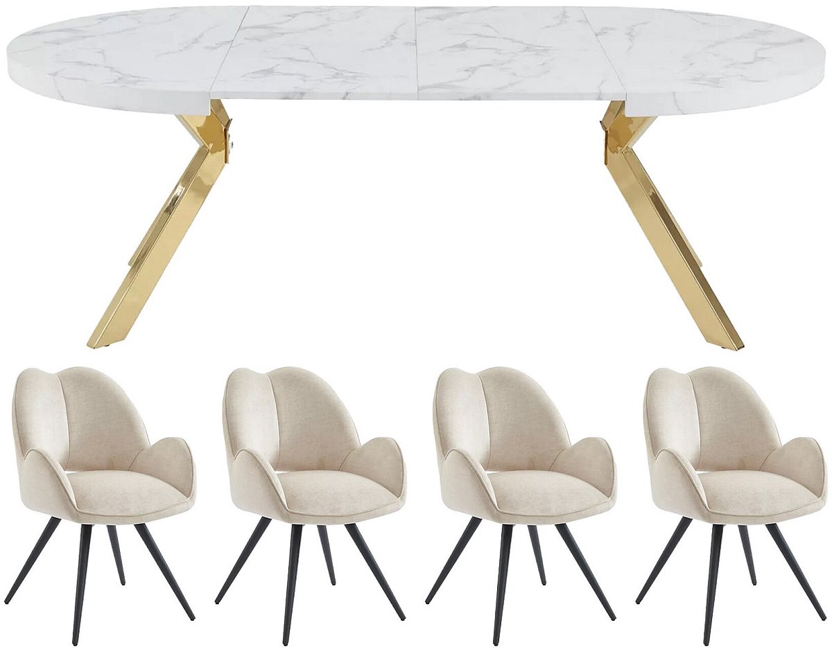 Vente-unique Set tafel KOMONI + 4 stoelen GULSUN - Wit marmereffect en beige