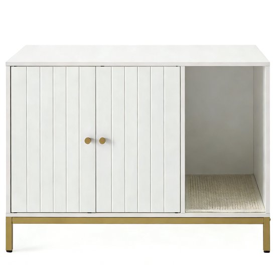 Modern kattenbak meubel Multifunctionele verborgen kattenbak kast 80x50x55cm Wit+Goud Hoge poten ontwerp Gemakkelijk schoon te maken Met krabmat Makkelijk te monteren Stevig houten frame Geschikt voor woonkamer en slaapkamer