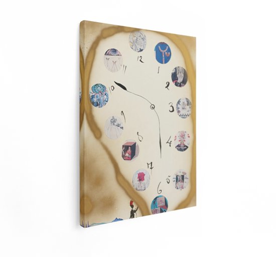 Toile peinte détaillée représentant une horloge surréaliste et des éléments de collage, en forme de visage, inspirée par Dalí.