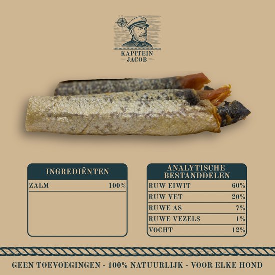 Gedroogde zalmhuiden met vlees. Ingrediënten: Zalm 100%. Analyse: Ruw eiwit 60%, Ruw vet 20%, Ruwe as 7%, Ruwe vezels 1%, Vocht 12%.
