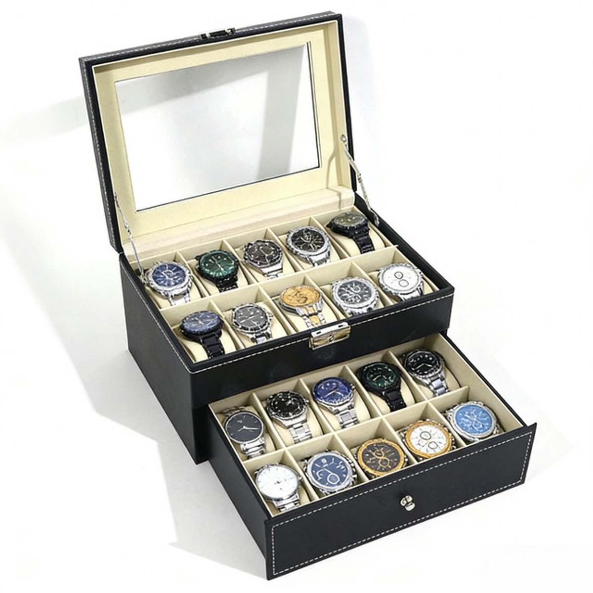 Sieradendoos - Horloge doos - Sieradendoos voor volwassenen - Horlogedoos heren - 2-laags plankje passen 20 horloges