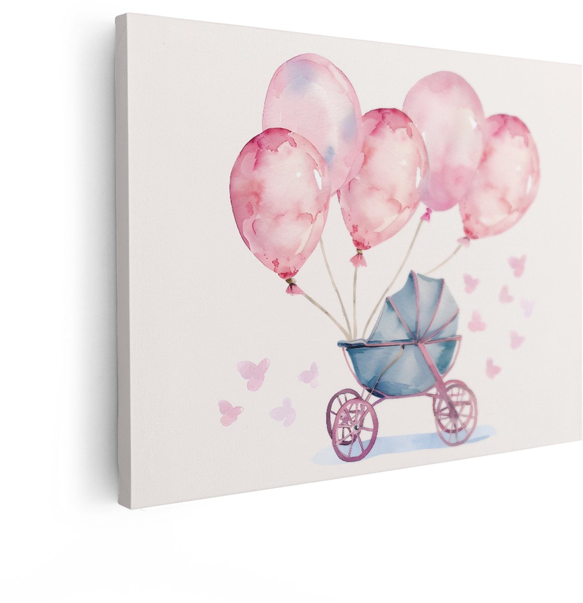 Artaza Canvas Schilderij Babykamer - 120x90 cm - Wanddecoratie Kinderkamer - Muurdecoratie Vlinders - Decoratie Roze Ballonnen Kinderwagen