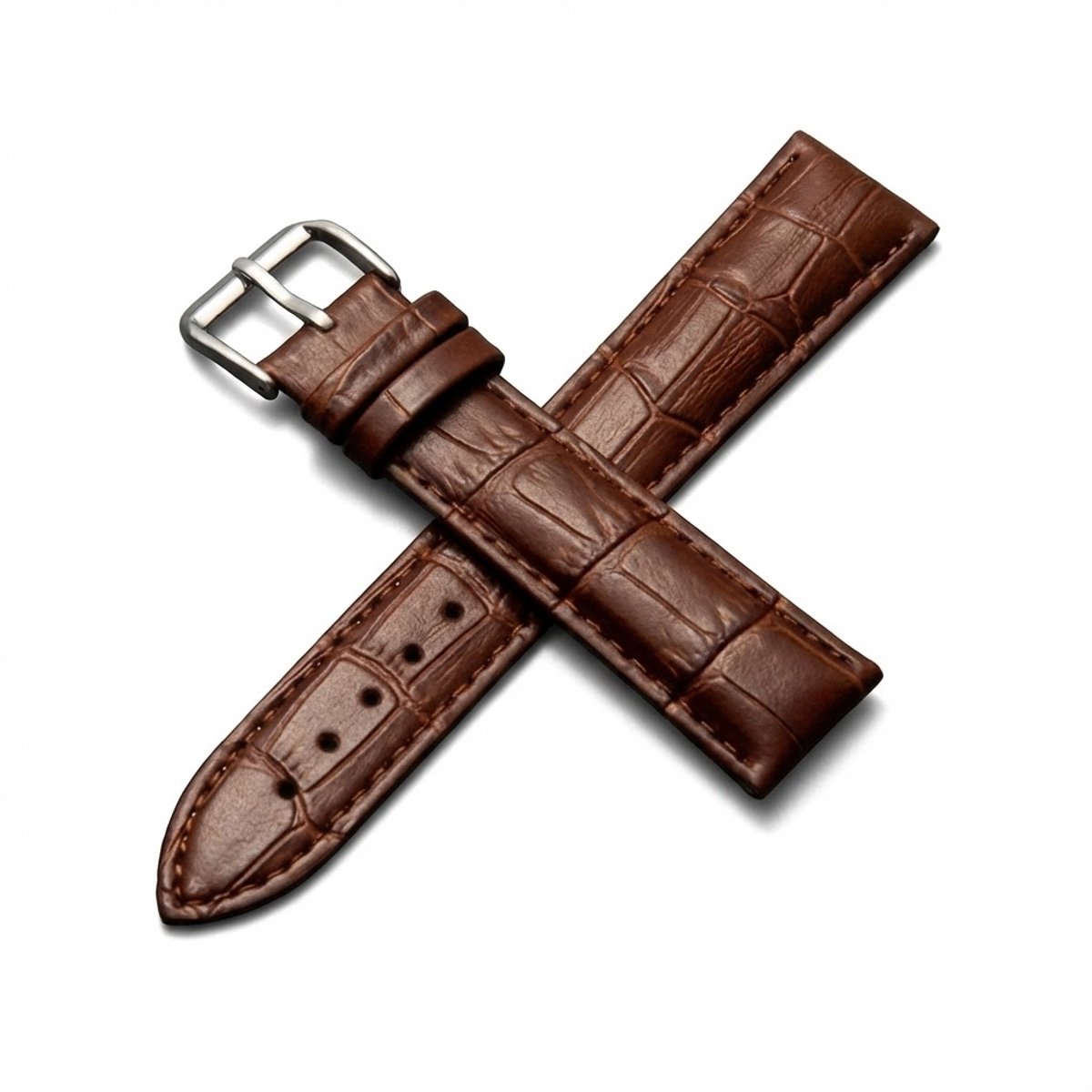 Bruin horlogebandje 14 mm geschikt voor dames en heren met krokodillenlook structuur en zilverkleurige gesp, smal vervangend horloge bandje met stiksel