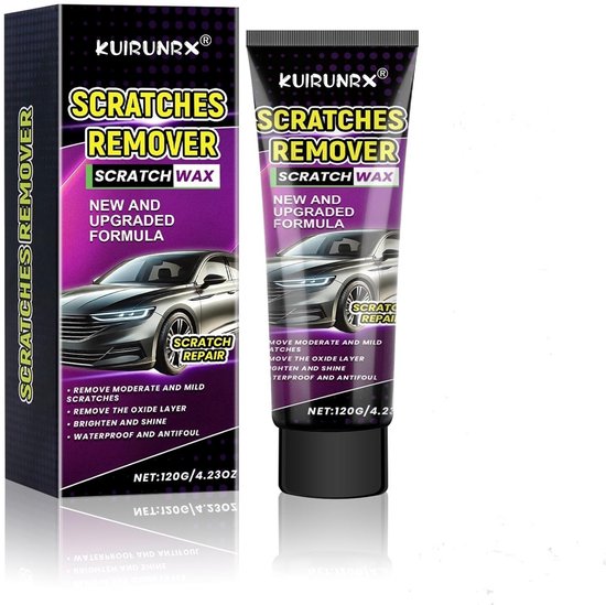 Doos en flesje Kuirunrx krassen remover scratch wax met illustratie van sportauto.