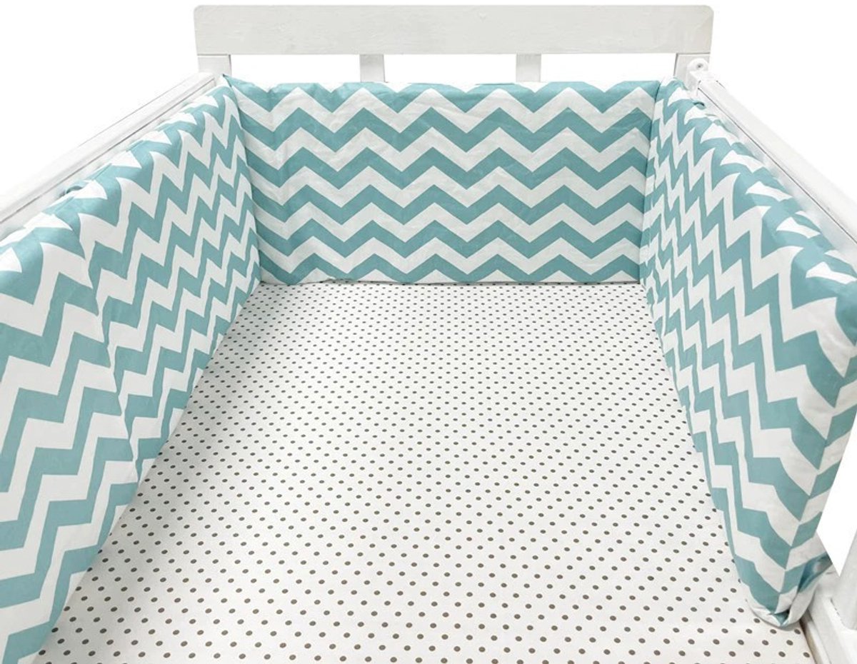 Il Bambini - Bedomrander 180x30cm - Baby Bedbumper Ledikant - Katoen - blauw/groen - wit