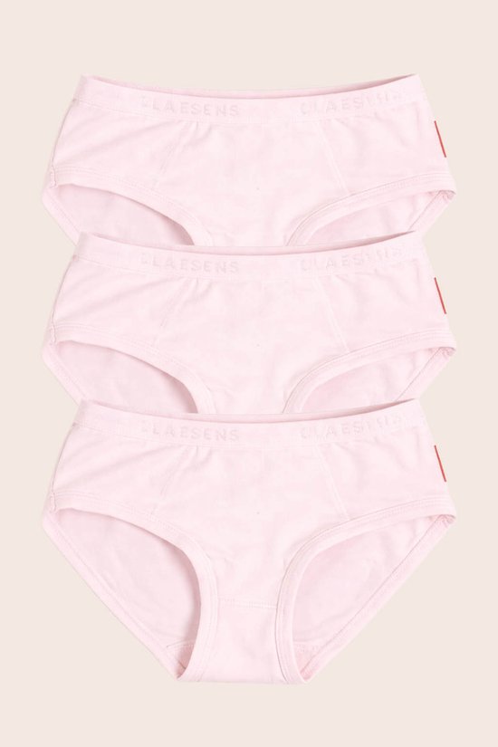 Drie roze slips op elkaar gestapeld, met rode label en merknaam 'CLAESENS'.