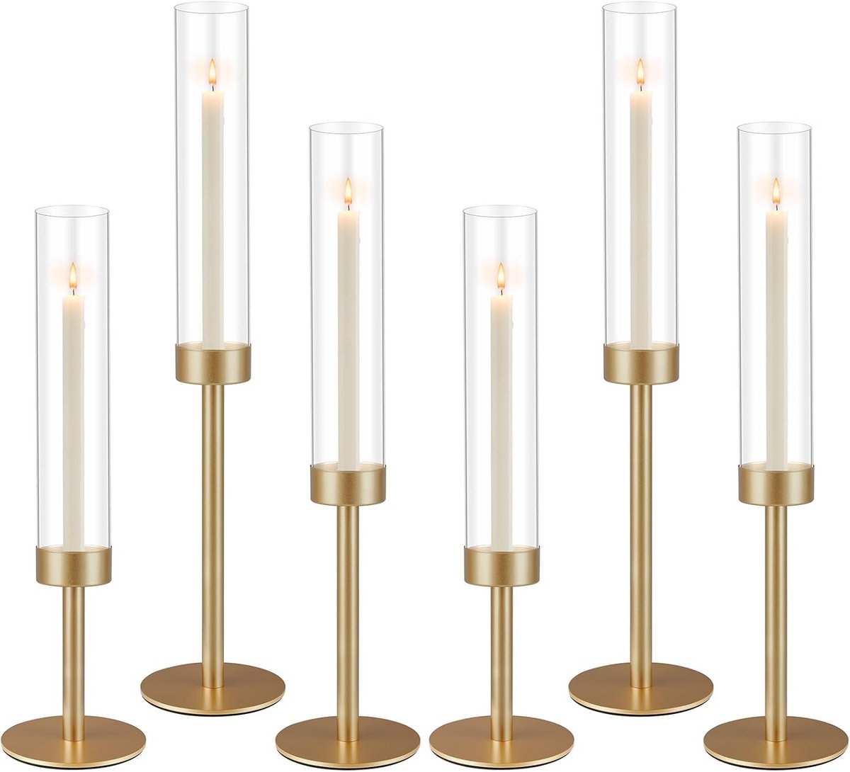 Set van 6 Glazen Orkaan Kaarsenhouders Goud Cilinder Decoratie