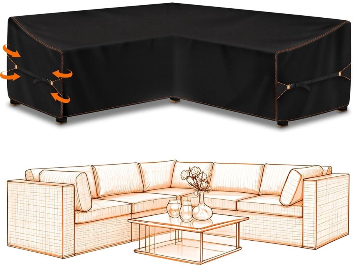 Famanu Tuinmeubelhoes - L-vorm - beschermhoes voor tuinmeubelen - waterdicht - winddicht - afdekzeil voor outdoor hoekbank - hoekloungegroep - loungemeubel - rechthoekige afdekhoes - 270 x 270 x 90 cm Zwart