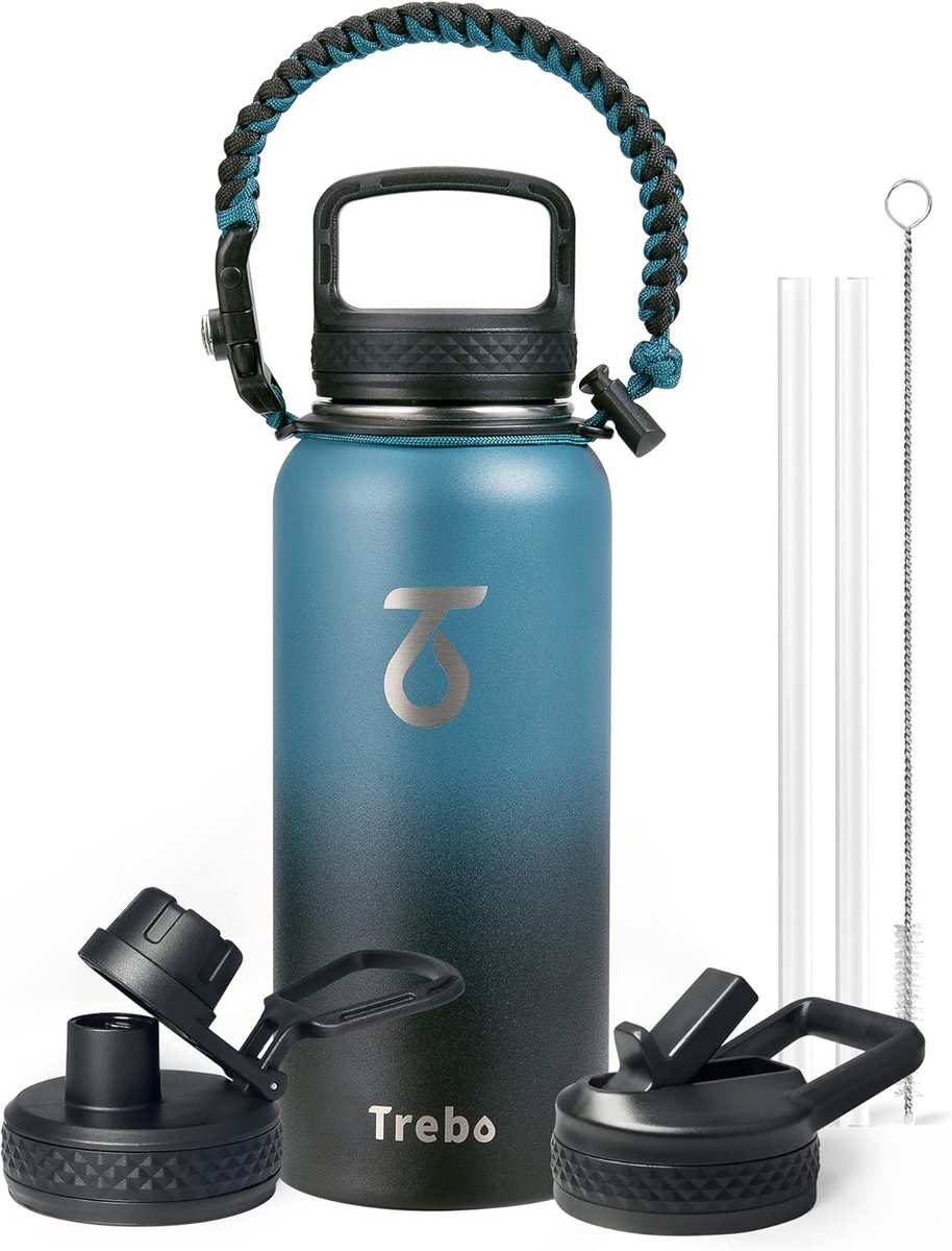 Geïsoleerde Roestvrijstalen Waterfles 1 Liter (32 oz) - Houdt Drank 48 Uur Koud - Inclusief 3 Verschillende Dekselopties & Rietje