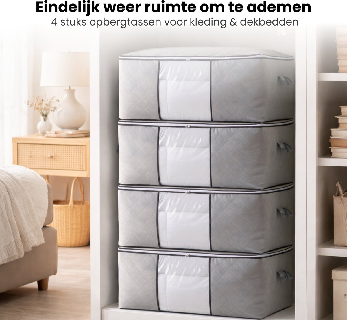 Budding Joy 2-delige set 90L opbergzakken, grote kledingopbergzakken met ritsen Duurzame handgrepen Dik weefsel voor kleding, beddengoed, dekens, troosters en speelgoed (grijs