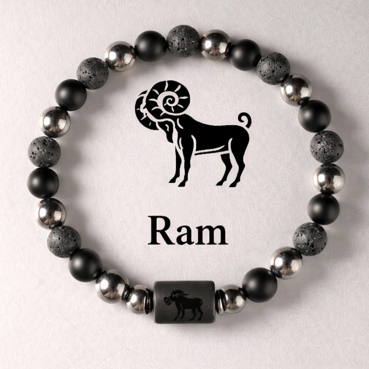 S4H Sterrenbeeld Armband Ram 18 cm – 8mm Kralen – Lavasteen, Mat Zwarte Agaat & Hematiet – Unisex