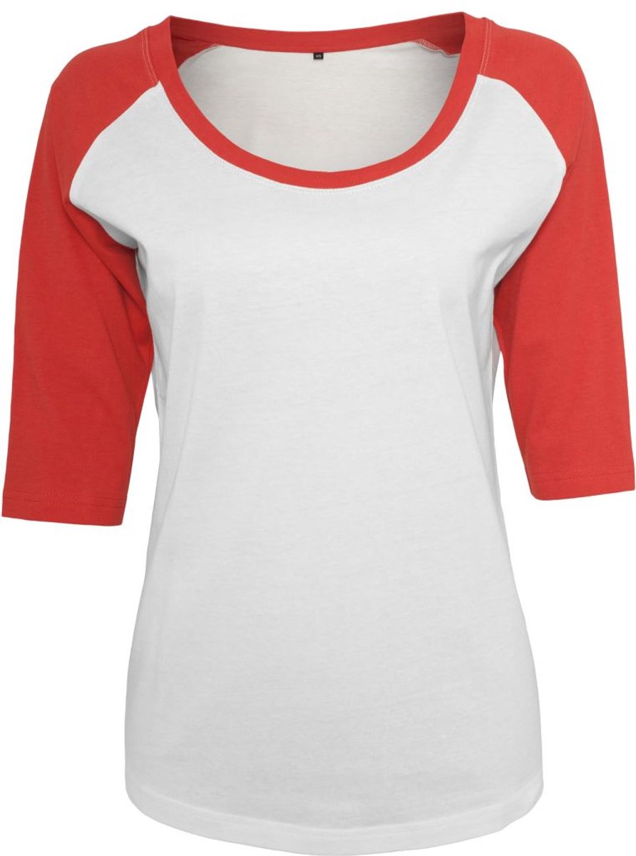 Build Your Brand - Contrast Raglan 3/4 Sleeve Dames T-Shirt - White/Red maat 3XL