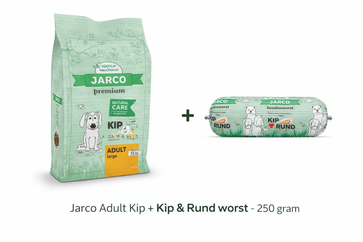Jarco Dog Natural Large Adult Kip - Hondenvoer – 15 kg 26-45 Kg + Kip & Rund worst 250gram
