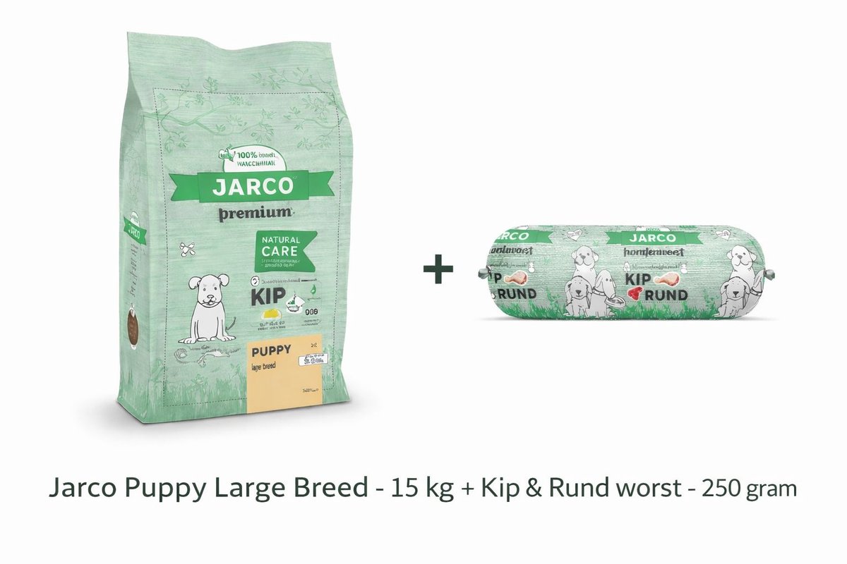 Jarco Dog Natural Large Puppy Kip - Hondenvoer - 12.5 kg 26-45 Kg + Kip & Rund worst 250gram