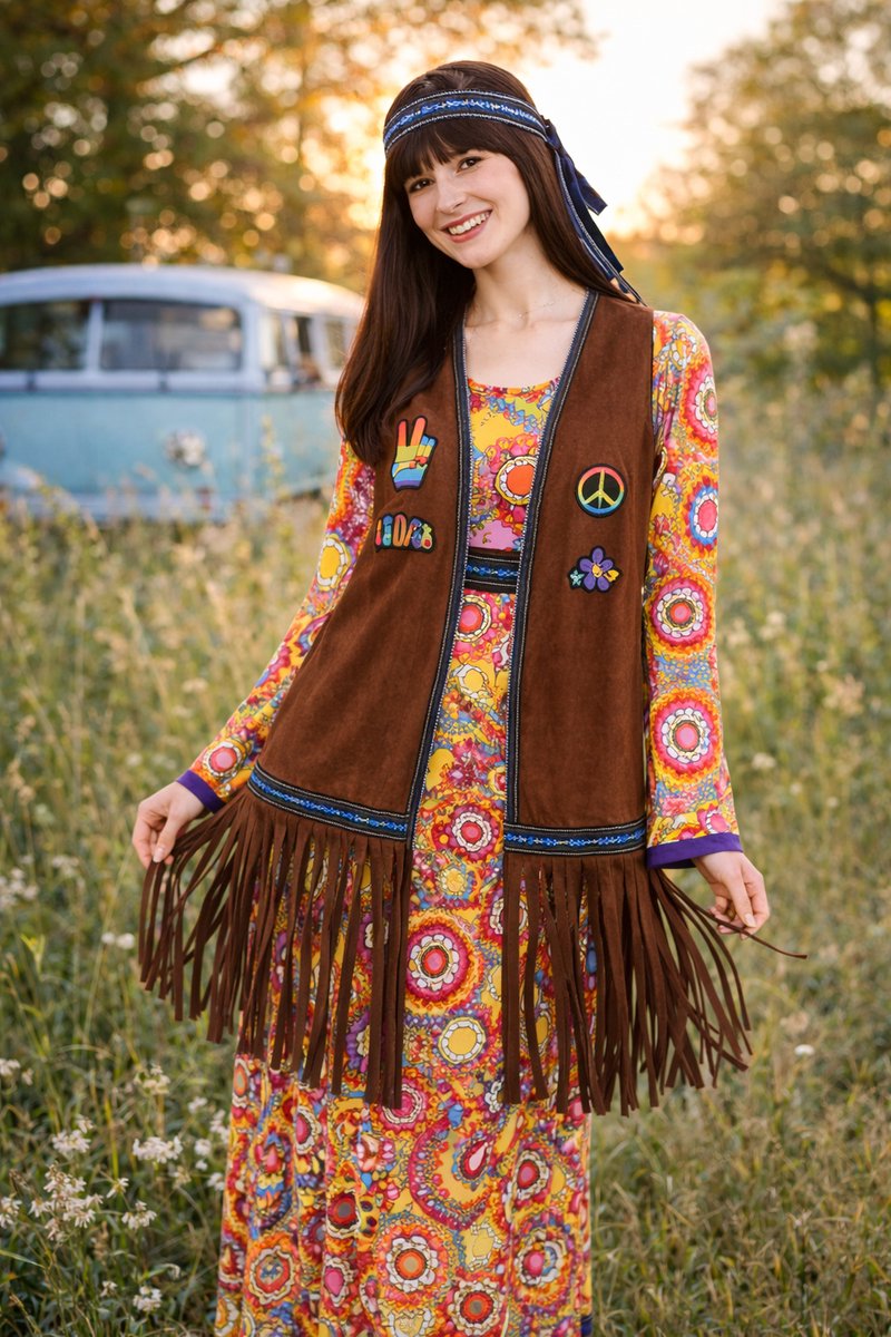 Joya Party® Hippie Jurk Dames met Vest & Hoofdband | Jaren 60 & 70 Flower Power Set | Stretch Lange Jurk | Verkleedkostuum Vrouw | Carnaval, Themafeest & Halloween | — afbeelding 3