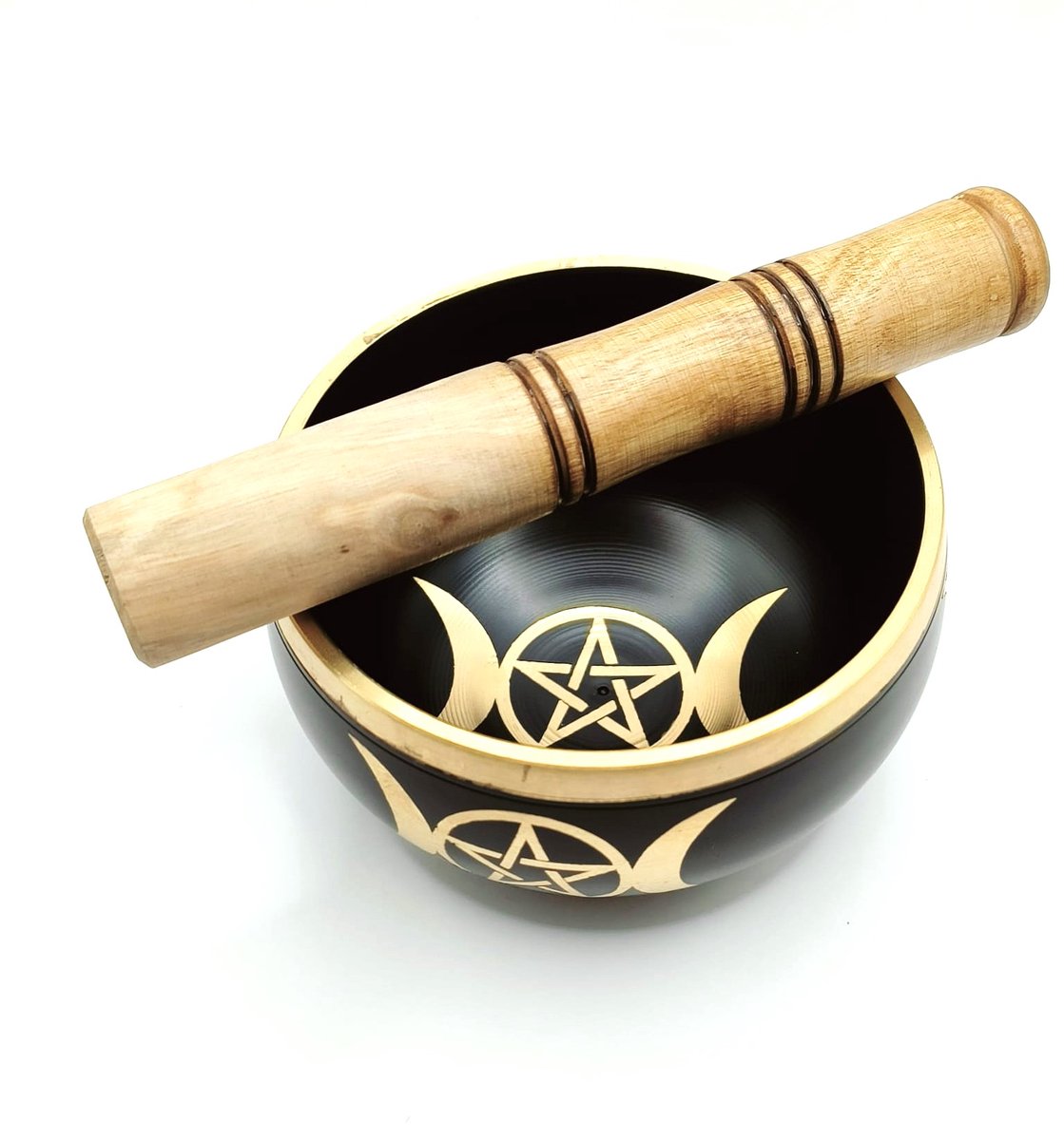 Singing bowl triple moon 11 cm. - Klankschaal Pentagram zwart goud