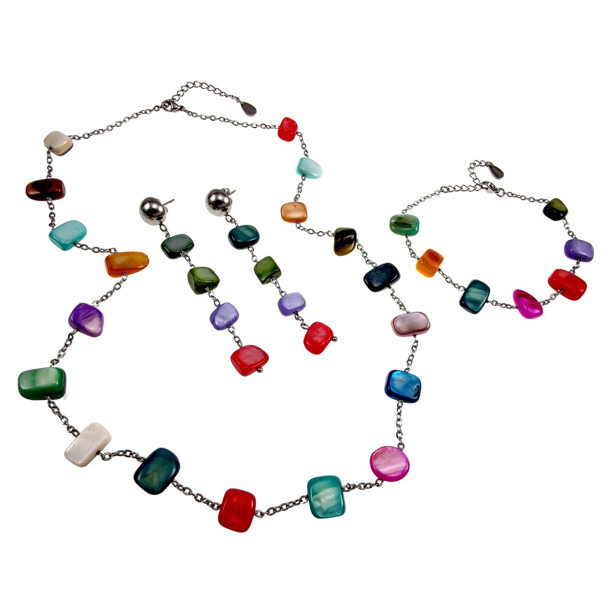 Sieradenset met Kleurrijke Schelpstenen en Roestvrij Staal - Ketting + Armband + Oorbellen - Handgemaakt door esde2