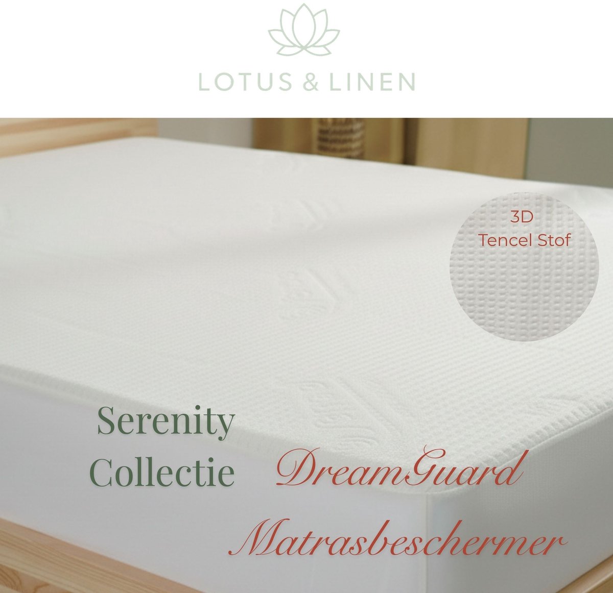 Lotus & Linen Serenity Collectie - Dreamguard Tencel Stof Waterdichte Matrasbeschermer - Hoeslaken - Rondom Elastiek - Perfecte Pasvorm - Ademend - Hypoallergeen - Premium Tencel Fabric Mattress Protector - 180x200 cm