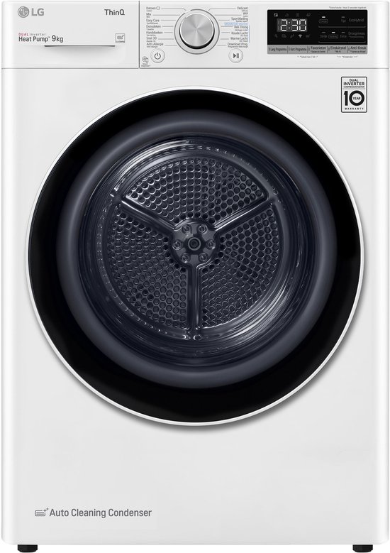 LG RH90V5AV6N warmtepompdroger 9 kg met Inverter Heat Pump voor energiezuinig en gelijkmatig drogen, Sensor Dry stopt automatisch bij droog, Allergy Care en stille werking. Energieklasse A++