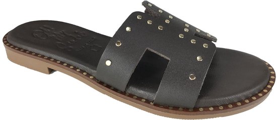 Pantoufle en cuir marron foncé Oh My Sandals 5840 avec studs | Bonne Shoe
