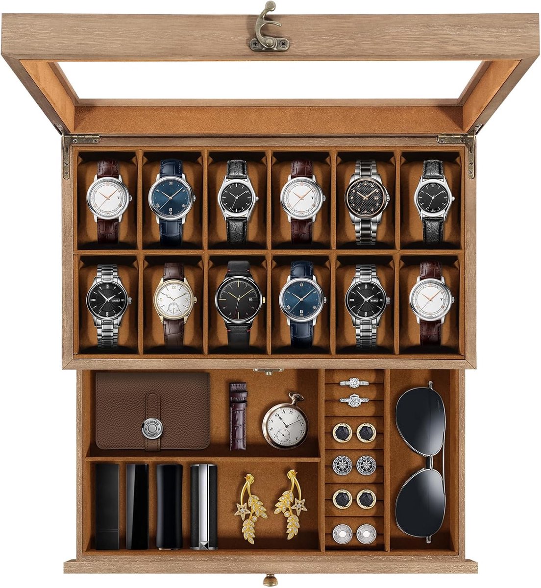 Uten 2 Niveaus Houten Horloge Doos - Horlogebox - Geschikt voor 12 Horloges - Sieradendoos - Brillendoos - Bruin