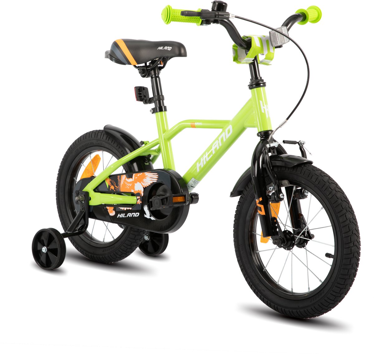Hiland Stoere Jongensfiets - 14 Inch - Met Zijwieltjes & Standaard - Handrem & Terugtraprem - Groen - Geschikt voor buitenactiviteiten in de lente