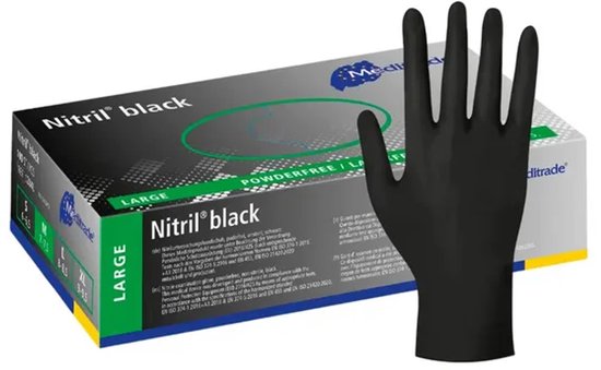 Boîte de gants noirs en nitrile, taille L, avec un gant noir à côté.